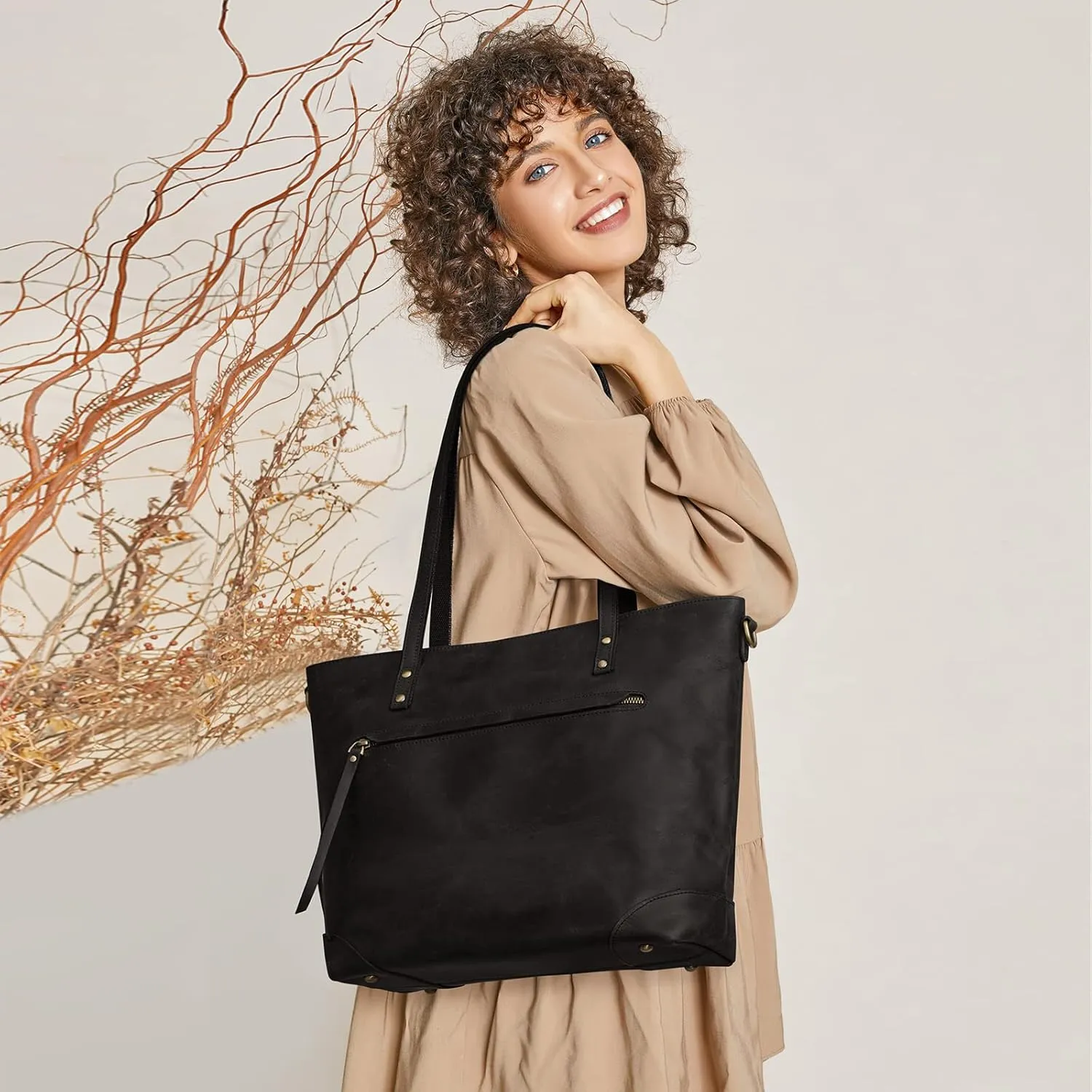 S-ZONE Vintage Genuine Leather Shoulder Bag Work Totes for Women Purse Handbag with Back Zipper Pocket Large