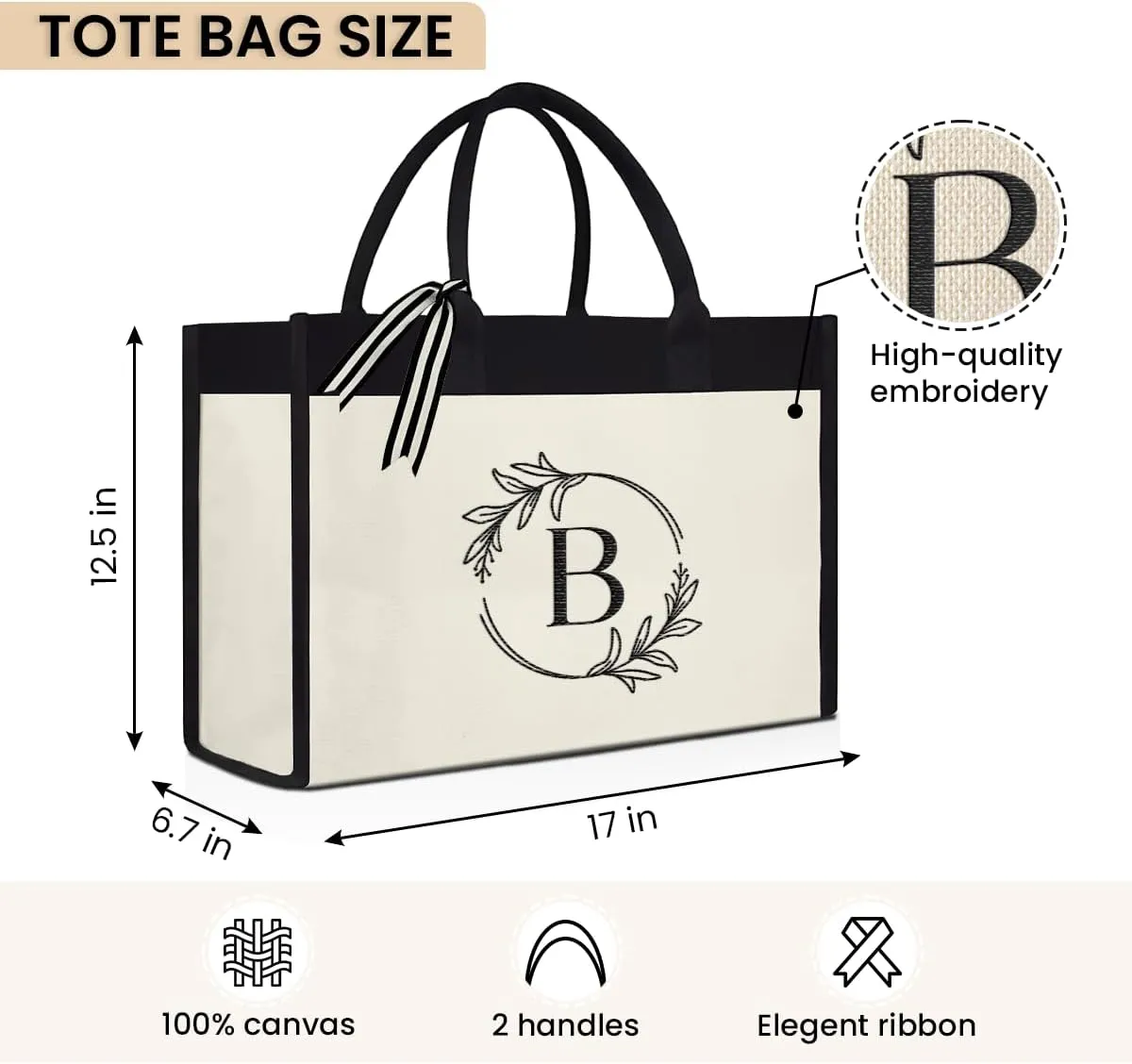SANDJEST Monogrammed Canvas Tote Bag Embroidered Initial Beach Totes Bags Gifts for Women Friend Coworker Bridesmaid