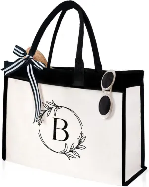 SANDJEST Monogrammed Canvas Tote Bag Embroidered Initial Beach Totes Bags Gifts for Women Friend Coworker Bridesmaid