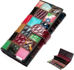 Segater® Women Multicolor Wallets Genuine Leather Card Holder Organizer Purses Model Stitching Bag Wallet with Flap Phone Clutch Large Long Purse