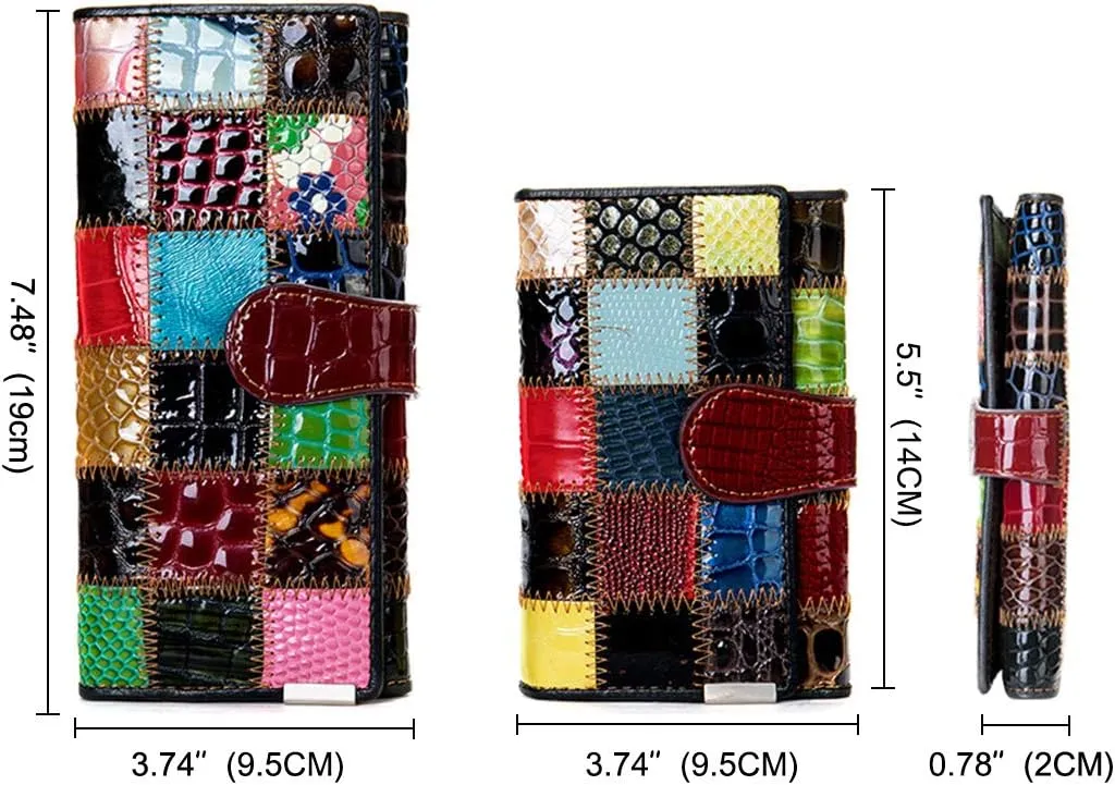 Segater® Women Multicolor Wallets Genuine Leather Card Holder Organizer Purses Model Stitching Bag Wallet with Flap Phone Clutch Large Long Purse