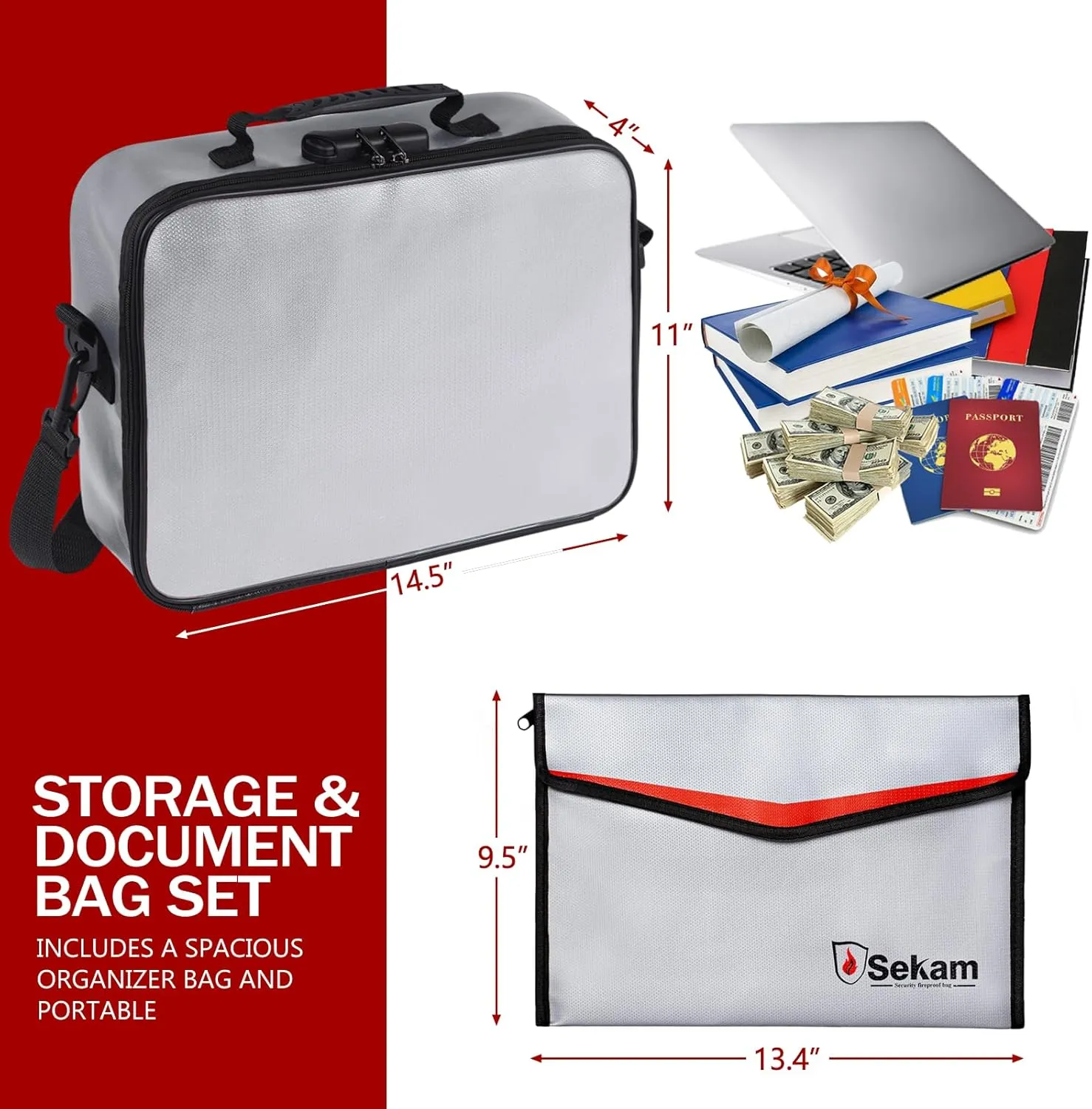SEKAM Fireproof Document Bag with Lock & Fireproof Money Bag for Cash Set, Fireproof Document Safe Organizer for Travel, Fireproof File Storage Bag with Lock, Multi-Layer Portable File Organizer Gray