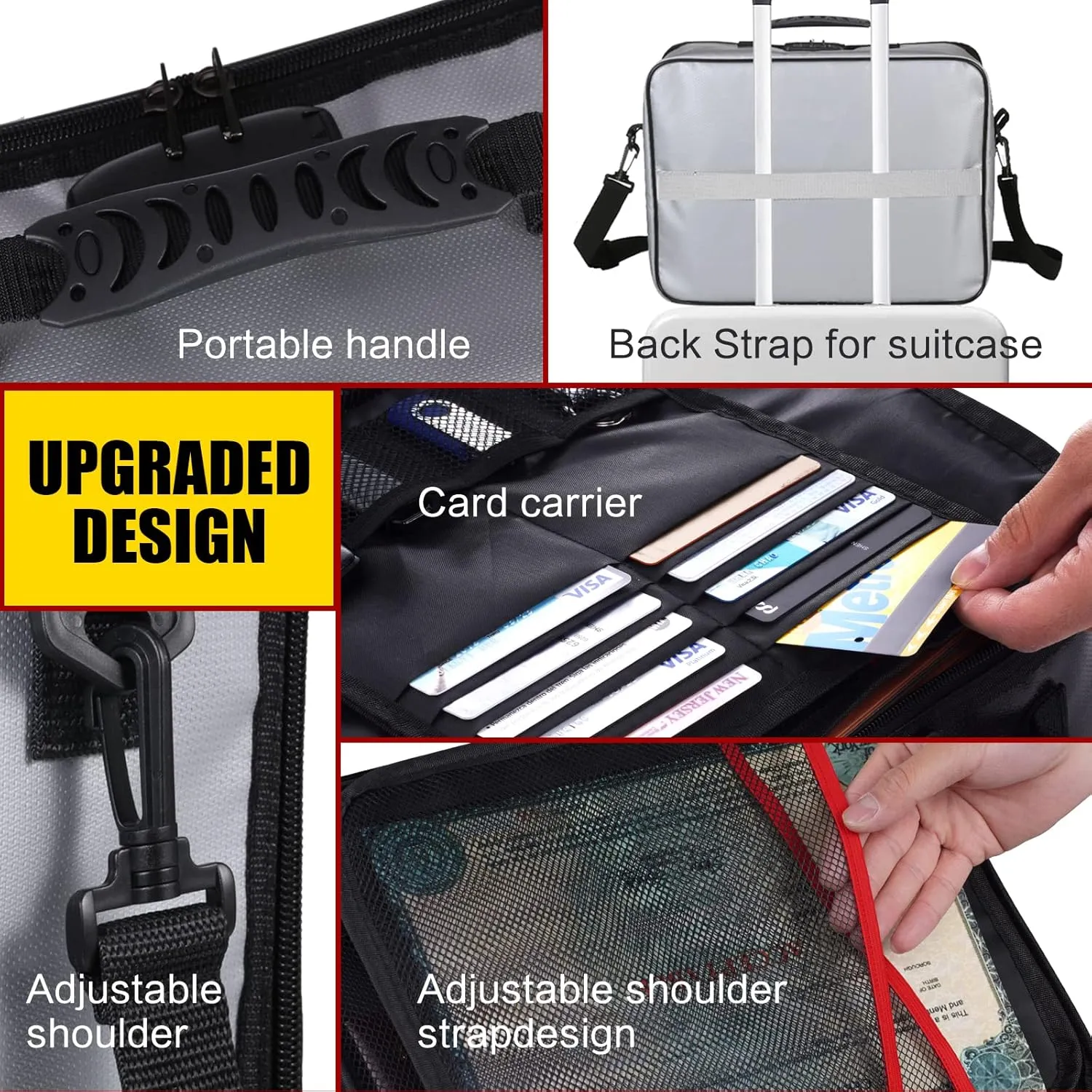 SEKAM Fireproof Document Bag with Lock & Fireproof Money Bag for Cash Set, Fireproof Document Safe Organizer for Travel, Fireproof File Storage Bag with Lock, Multi-Layer Portable File Organizer Gray