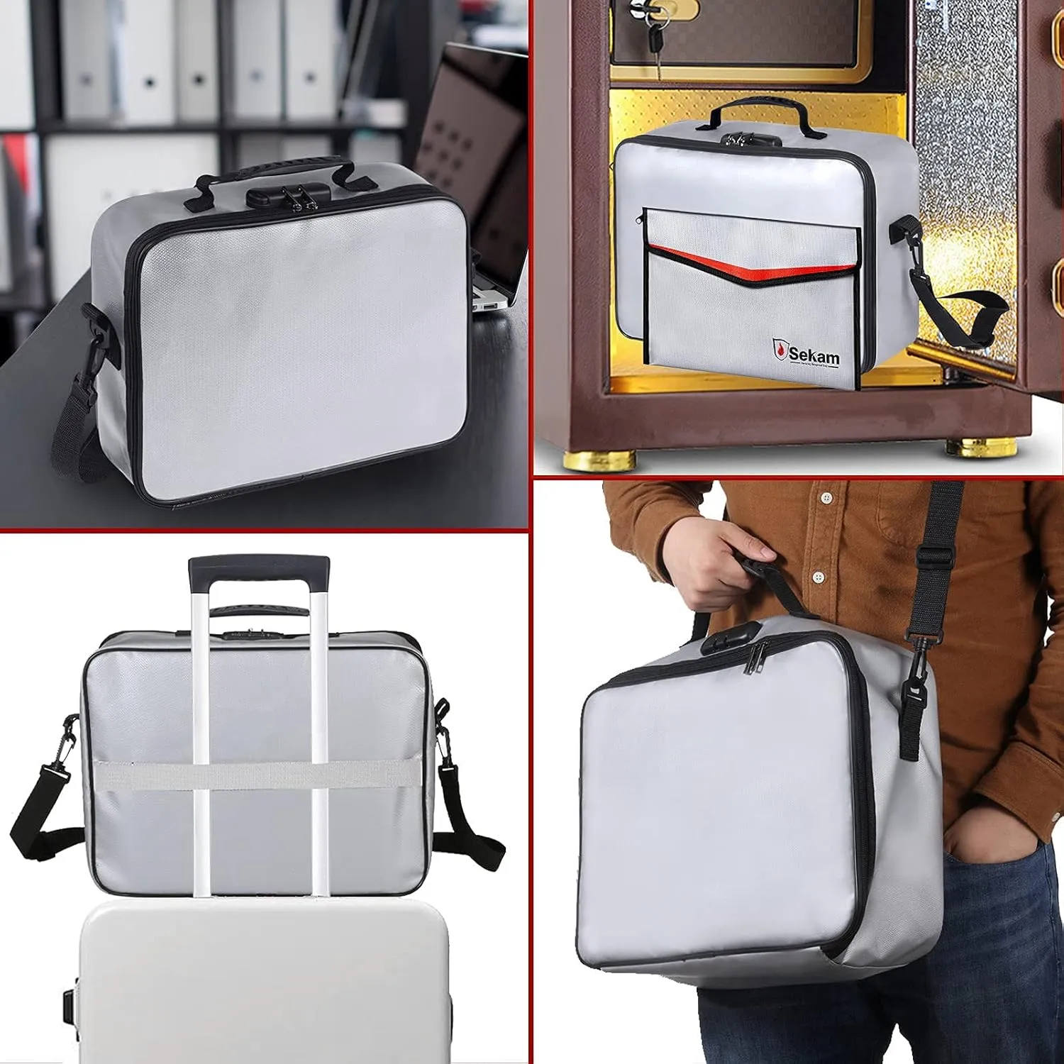 SEKAM Fireproof Document Bag with Lock & Fireproof Money Bag for Cash Set, Fireproof Document Safe Organizer for Travel, Fireproof File Storage Bag with Lock, Multi-Layer Portable File Organizer Gray