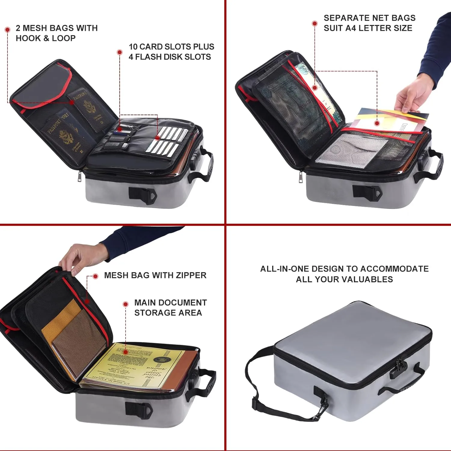 SEKAM Fireproof Document Bag with Lock & Fireproof Money Bag for Cash Set, Fireproof Document Safe Organizer for Travel, Fireproof File Storage Bag with Lock, Multi-Layer Portable File Organizer Gray