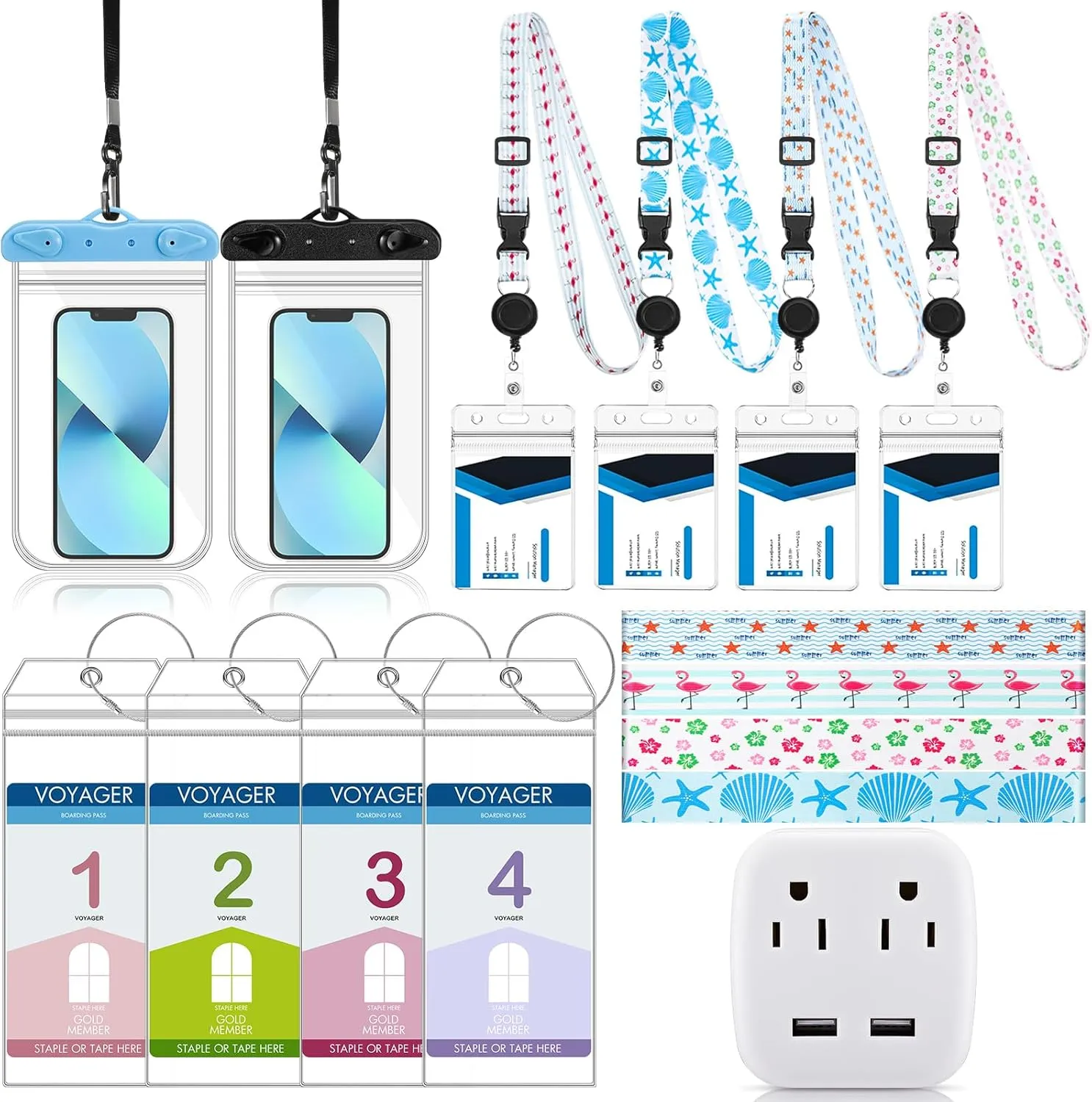 Sherr 15 Pcs Carnival Cruise Essentials Cruise Lanyards Ship Essentials with Power Strip Lanyards with ID Holder Luggage Tag Holder Towel Bands and Waterproof Phone Pouch for Carnival(Beach Style)