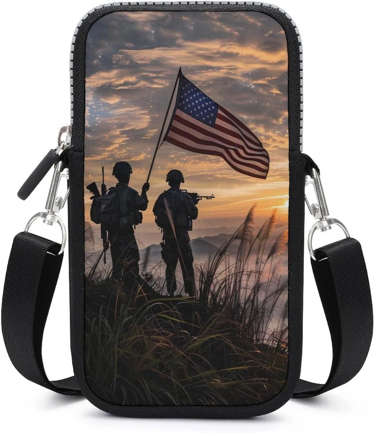 Silhouette of Soldiers with U.S Flag Crossbody Phone Bag Mini Shoulder Bag Cute Cell Phone Purse for Men Women