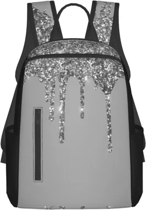 Silver Sparkle Glitter Drips Lightweight Backpack For Women Men, Casual Polyester Daypack Bookbag Travel Hiking Bag, Durable Laptop Backpack