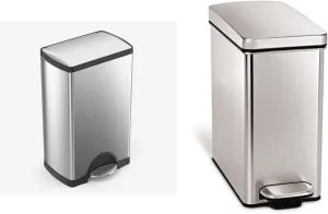 simplehuman 38 Liter / 10 Gallon Rectangular Kitchen Step Trash Can, Brushed Stainless Steel & 10 Liter / 2.6 Gallon Bathroom Slim Profile Trash Can, Brushed Stainless Steel, 2.6 gallons, White