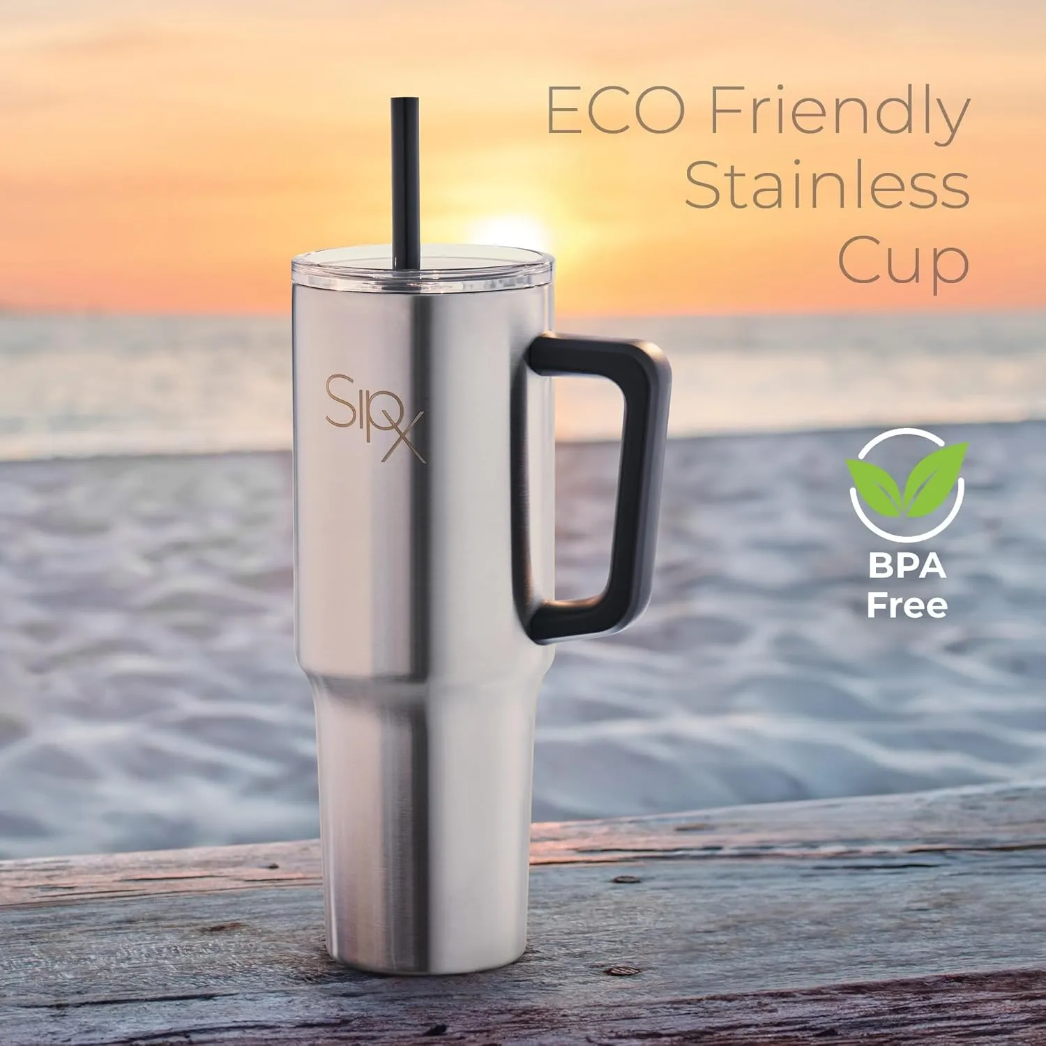 SIPX™ Insulated Tumbler With Lid And Straw, Tumbler With Handle Keeps Cold 12 Hours, Water Bottle Thermos With Lid, BPA-Free Reusable Insulated Coffee Tumblers, (Stainless, 40oz.)