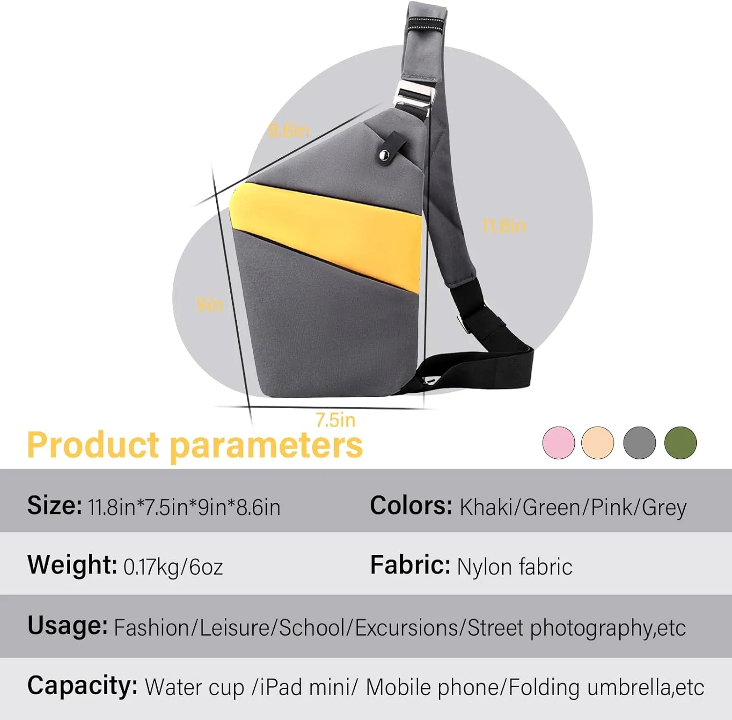 Sling Bag Anti-Thief Crossbody Personal Pocket Bag Lightweight Chest Shoulder Backpack, Christmas Gift for Him (Right Yellow)
