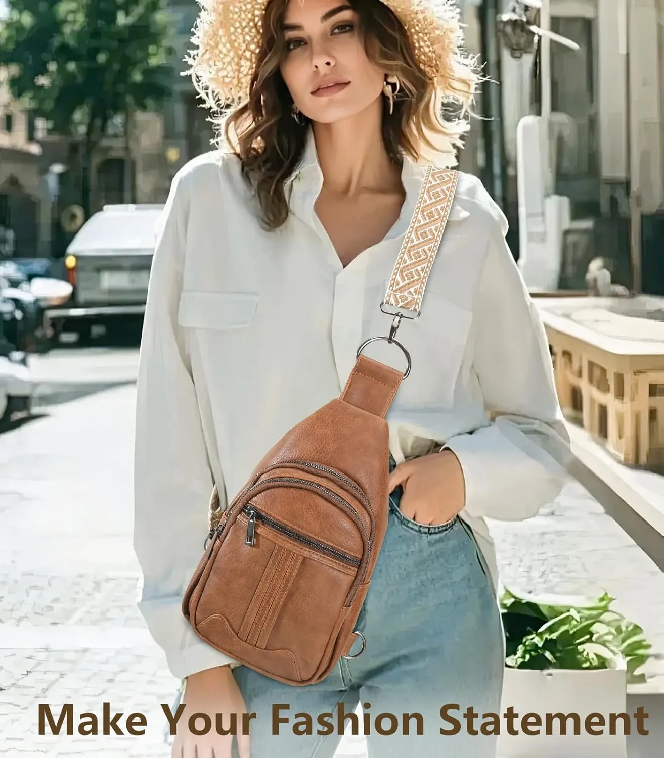 Sling Bag for Women Leather Crossbody Bags Tote Blet Bags Backpack Fanny Pack Chest Bag for Travel, Brown