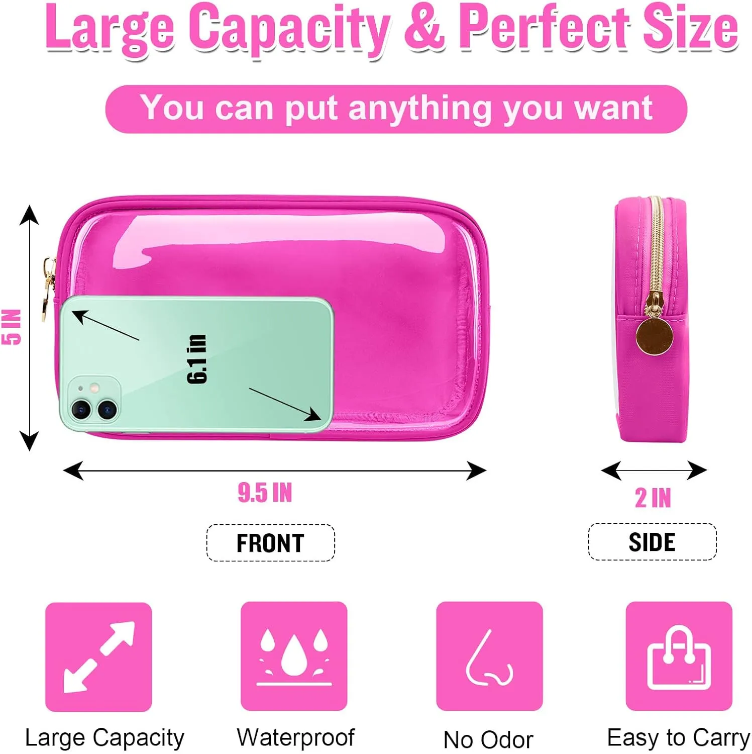Small Clear Travel Makeup Organizer Bag for Purse, Preppy Makeup Bag Cute Cosmetic Zipper Pouch Purse, Transparent PVC & Nylon Waterproof Toiletry Storage Clutch Coin Pouch for Women Girls(Hot Pink)