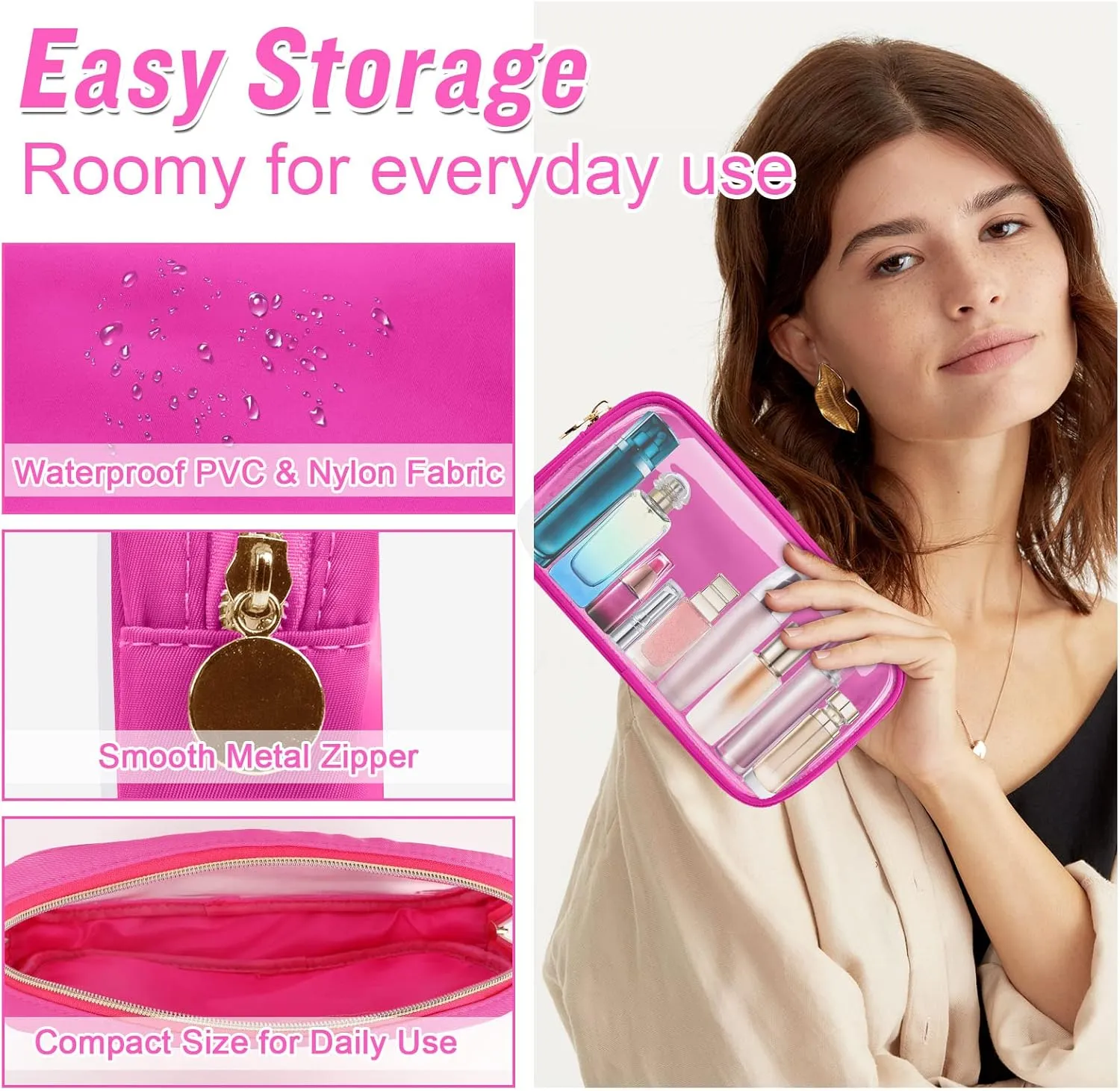 Small Clear Travel Makeup Organizer Bag for Purse, Preppy Makeup Bag Cute Cosmetic Zipper Pouch Purse, Transparent PVC & Nylon Waterproof Toiletry Storage Clutch Coin Pouch for Women Girls(Hot Pink)