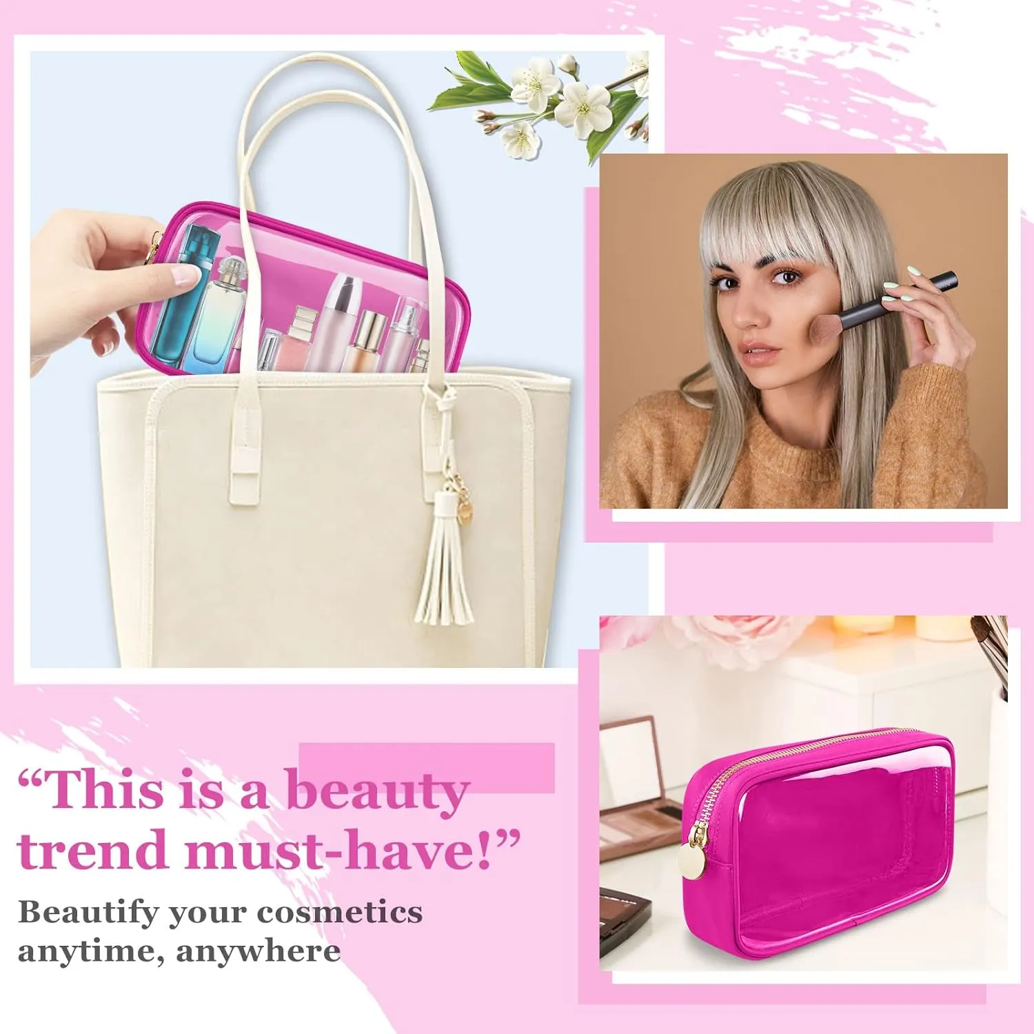 Small Clear Travel Makeup Organizer Bag for Purse, Preppy Makeup Bag Cute Cosmetic Zipper Pouch Purse, Transparent PVC & Nylon Waterproof Toiletry Storage Clutch Coin Pouch for Women Girls(Hot Pink)