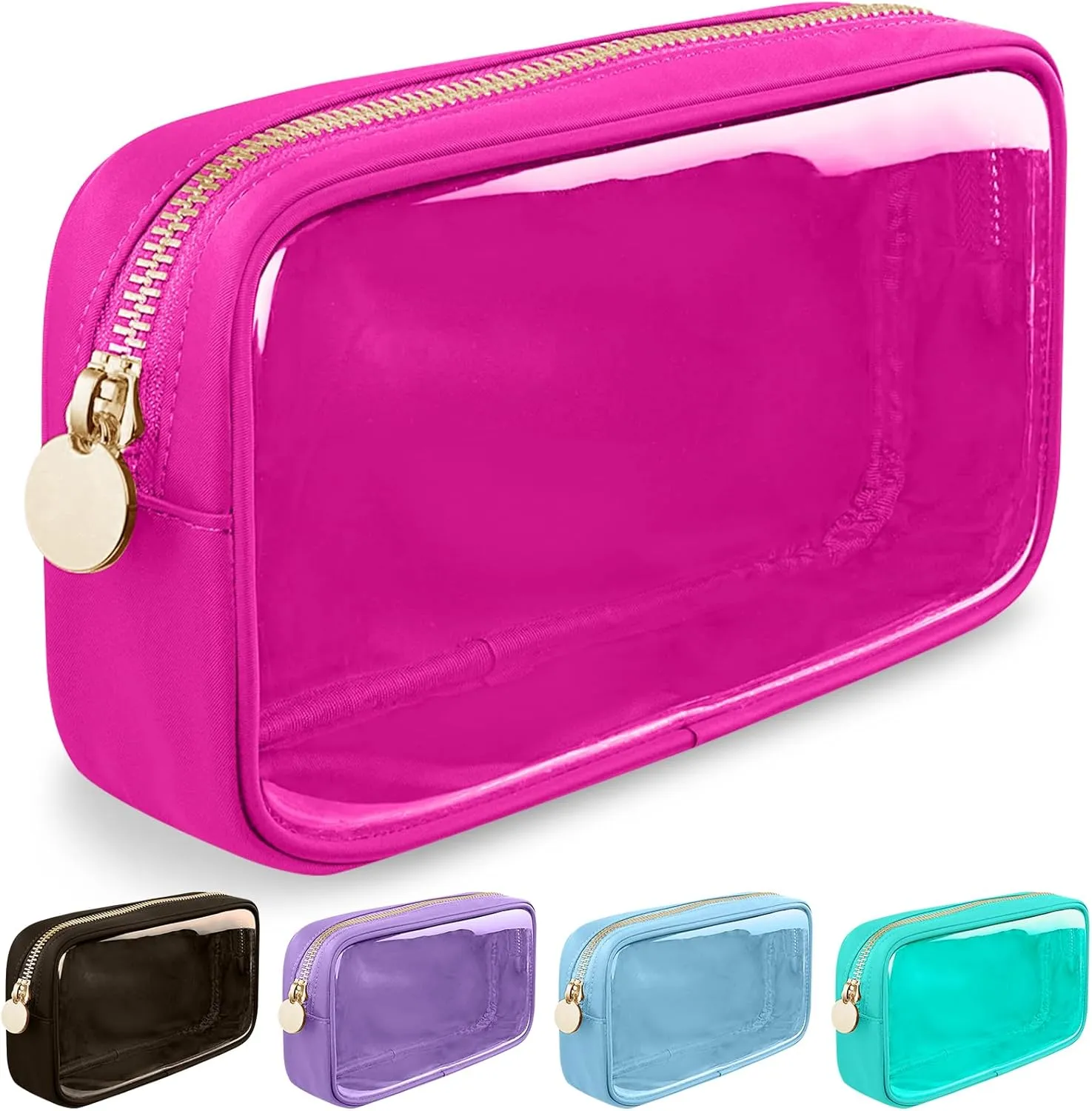 Small Clear Travel Makeup Organizer Bag for Purse, Preppy Makeup Bag Cute Cosmetic Zipper Pouch Purse, Transparent PVC & Nylon Waterproof Toiletry Storage Clutch Coin Pouch for Women Girls(Hot Pink)