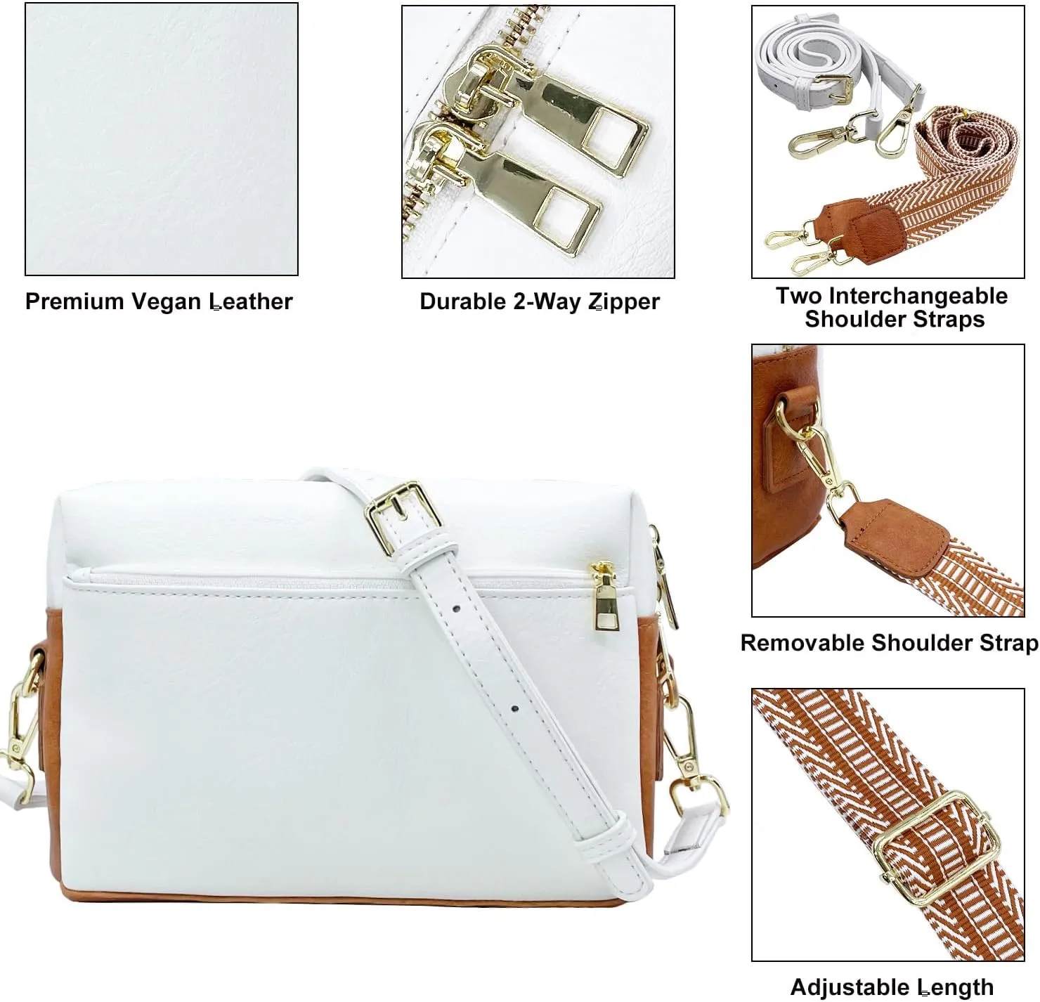 Small Crossbody Bags Purses for Women Triple Zip Vegan Leather Shoulder Handbags with Guitar & Leather Straps