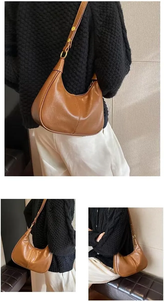 Small Hobo Bags for Women Leather Shoulder Bag Retro Crescent Crossbody Bags Trendy Purses Zipper
