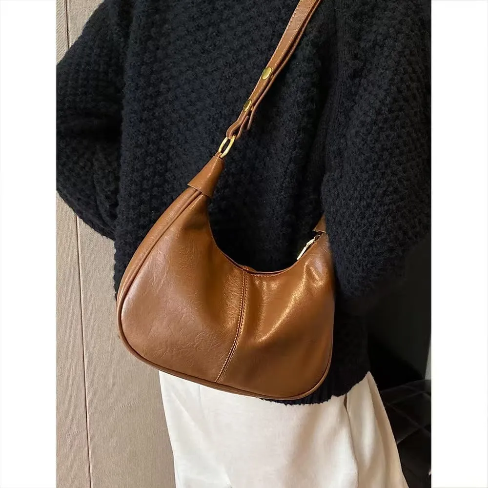 Small Hobo Bags for Women Leather Shoulder Bag Retro Crescent Crossbody Bags Trendy Purses Zipper