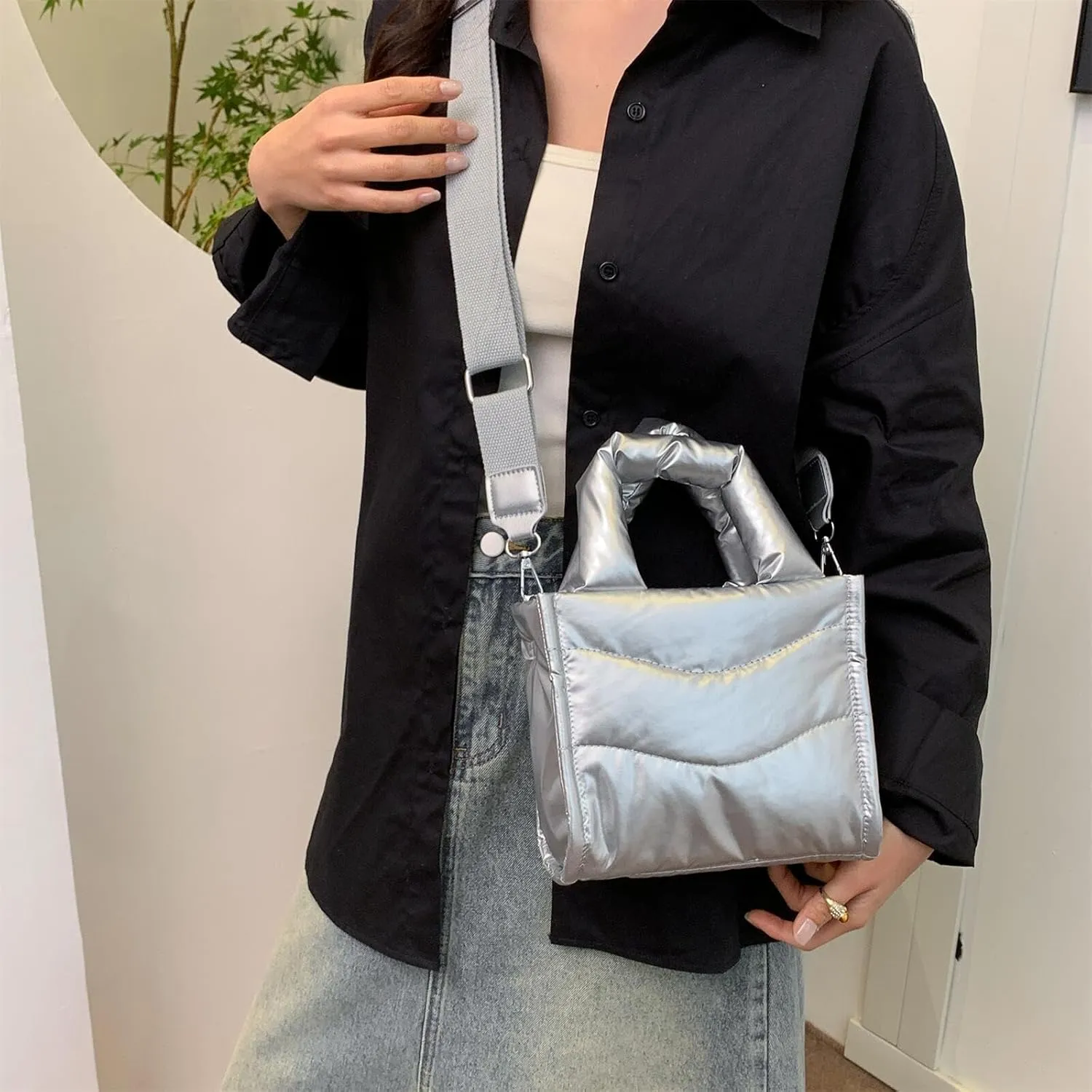 Small Puffer Tote Bag for Women Handbag, Quilted Nylon Shoulder Crossbody Puffy Padded Purse