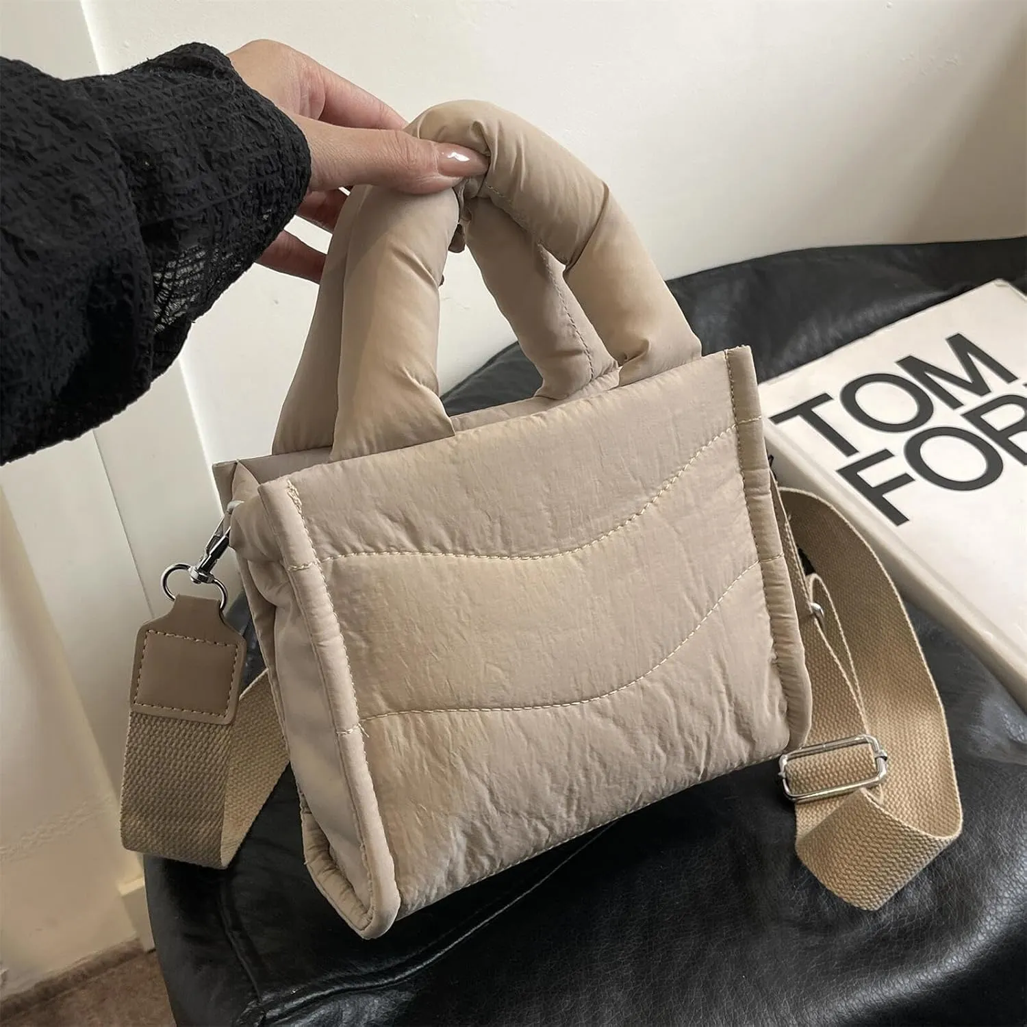 Small Puffer Tote Bag for Women Handbag, Quilted Nylon Shoulder Crossbody Puffy Padded Purse