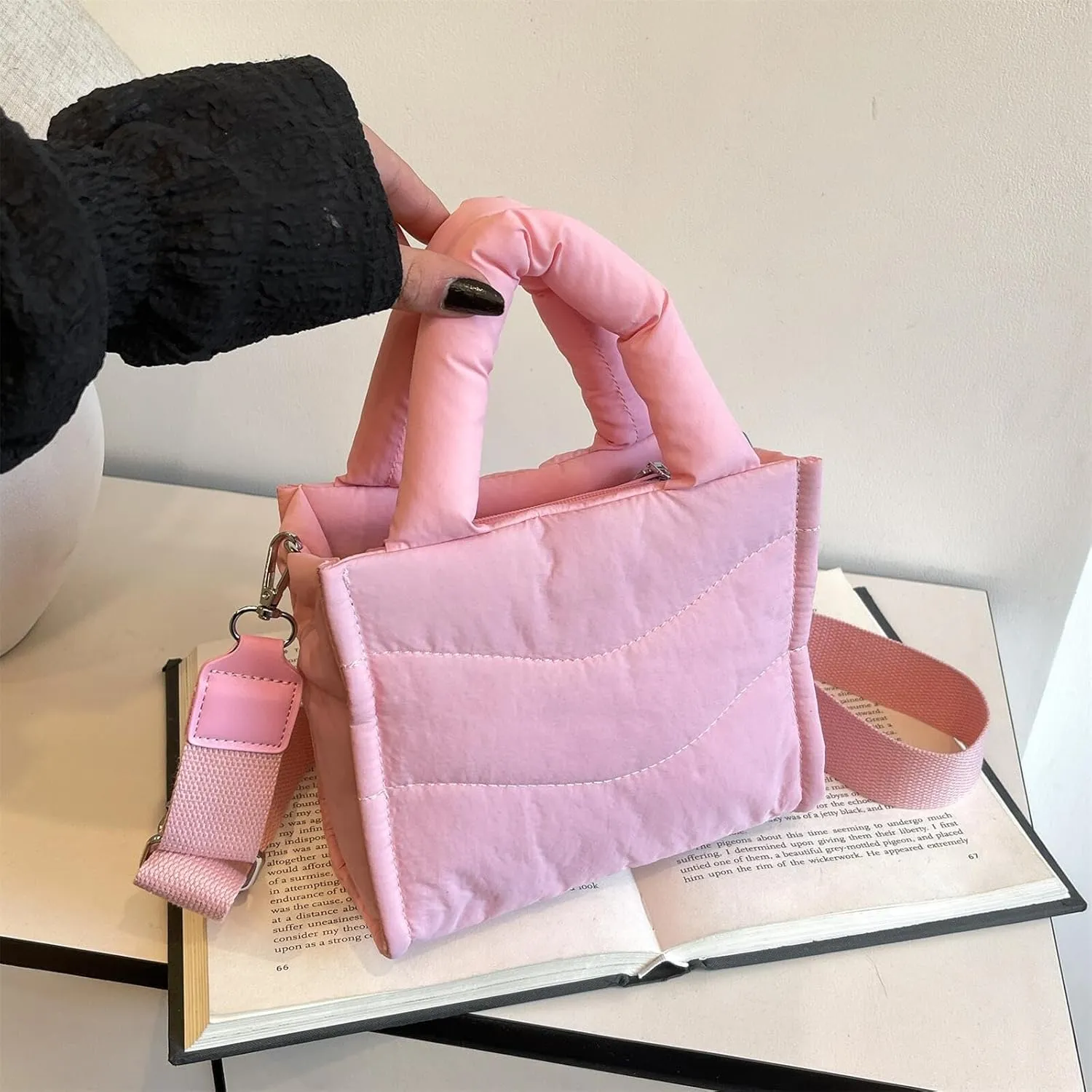 Small Puffer Tote Bag for Women Handbag, Quilted Nylon Shoulder Crossbody Puffy Padded Purse