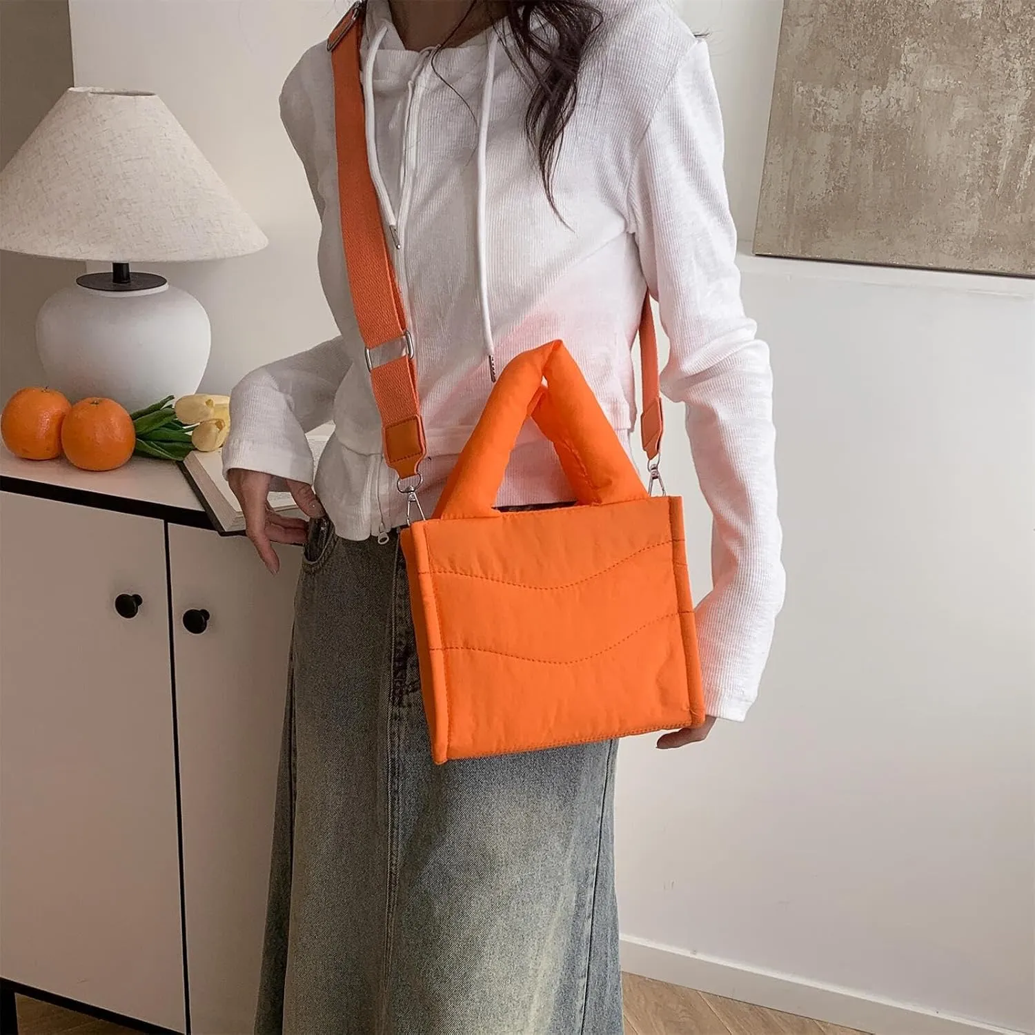 Small Puffer Tote Bag for Women Handbag, Quilted Nylon Shoulder Crossbody Puffy Padded Purse
