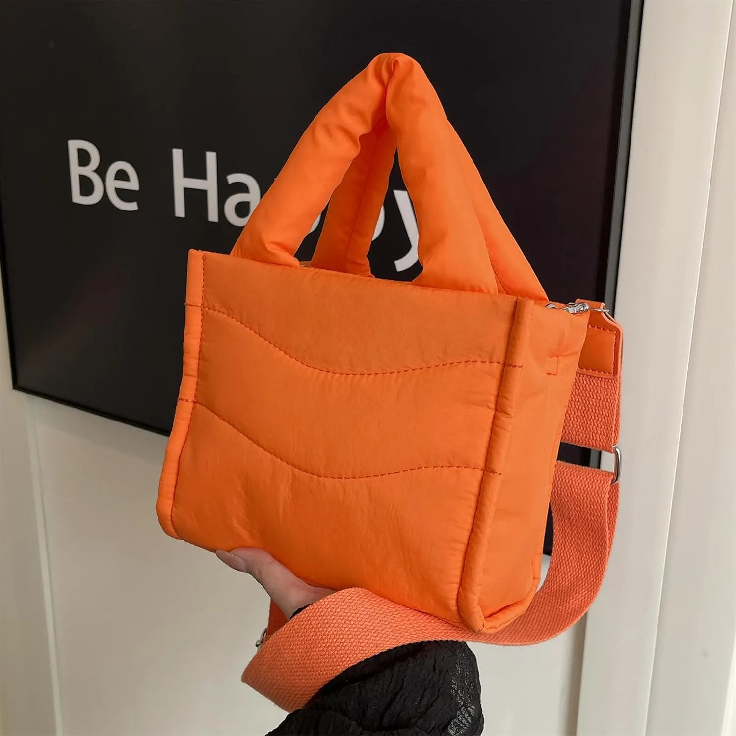 Small Puffer Tote Bag for Women Handbag, Quilted Nylon Shoulder Crossbody Puffy Padded Purse