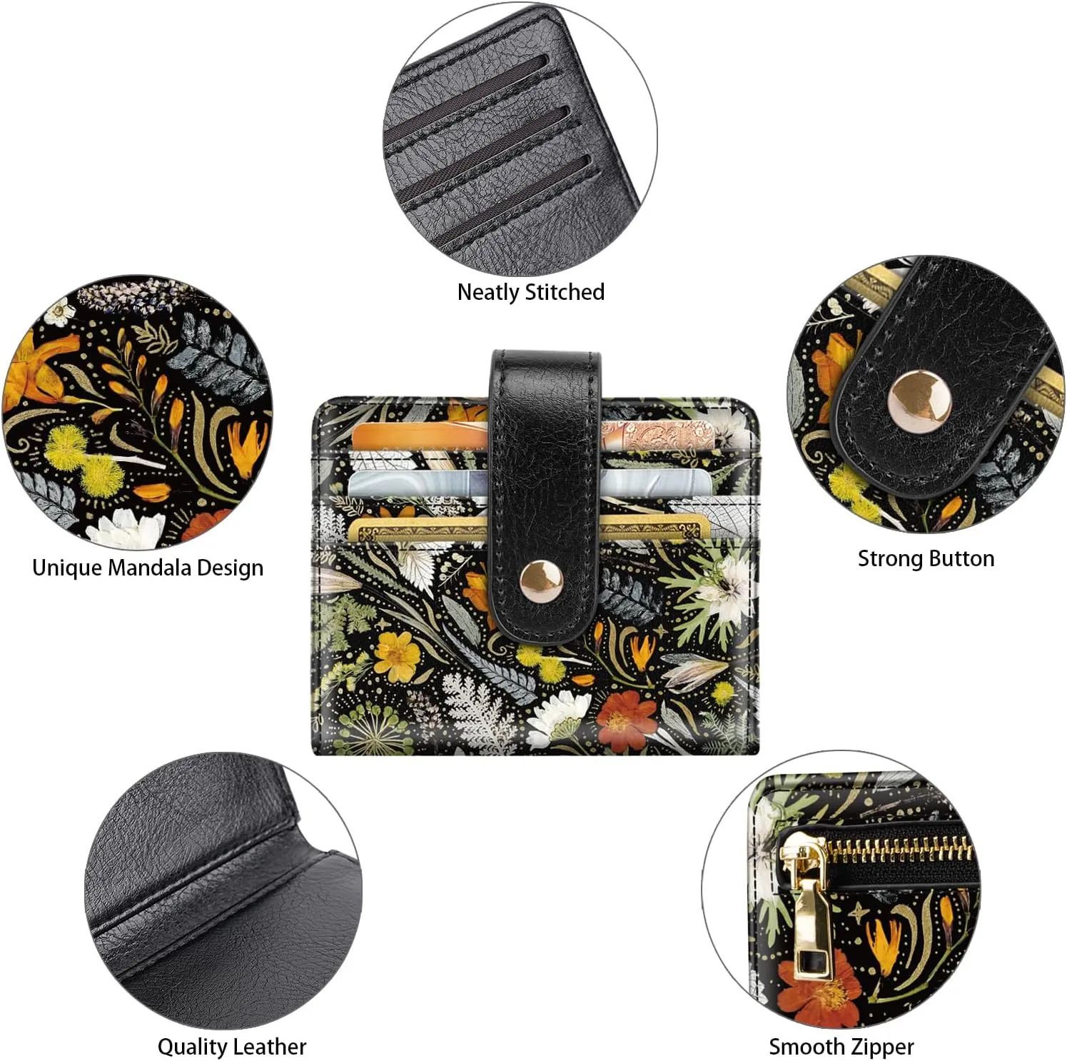 Small Wallets for Women Slim Minimalistfor Bifold Credit Card Holder for Pocket or Purse, Dried Flowers