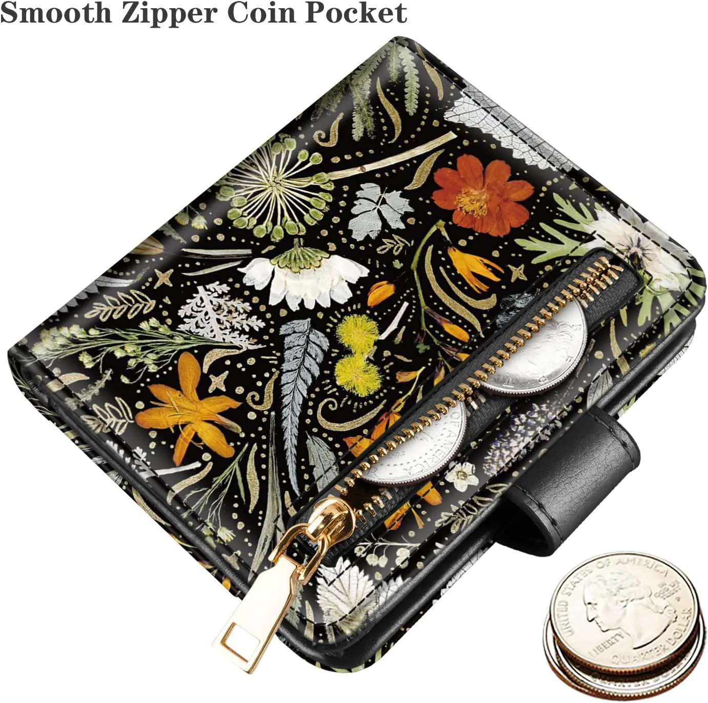 Small Wallets for Women Slim Minimalistfor Bifold Credit Card Holder for Pocket or Purse, Dried Flowers