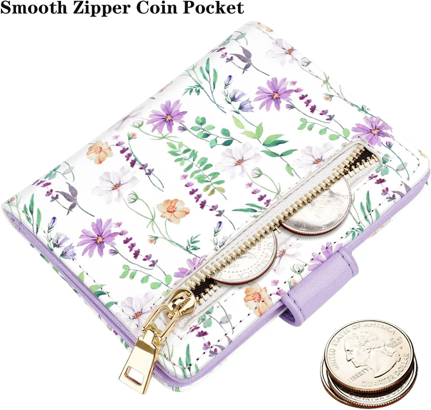 Small Wallets for Women Slim Minimalistfor Bifold Credit Card Holder for Pocket or Purse, White Daisy