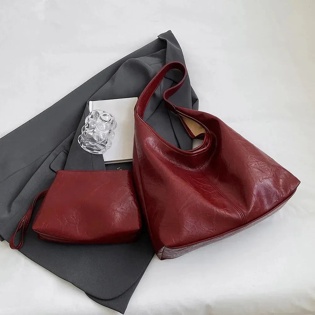 Soft PU Leather Quality Underarm Bag Vintage Wine Red Ladies Shoulder Bag Commuter Large Handbag 2pcs Women's Versatile Tote Bag