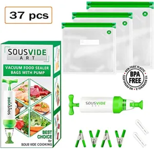 Sous Vide Bags 30 Reusable Vacuum Food Storage Bags Sous Vide Bag Kit 3 Sizes BPA Free (Premium)