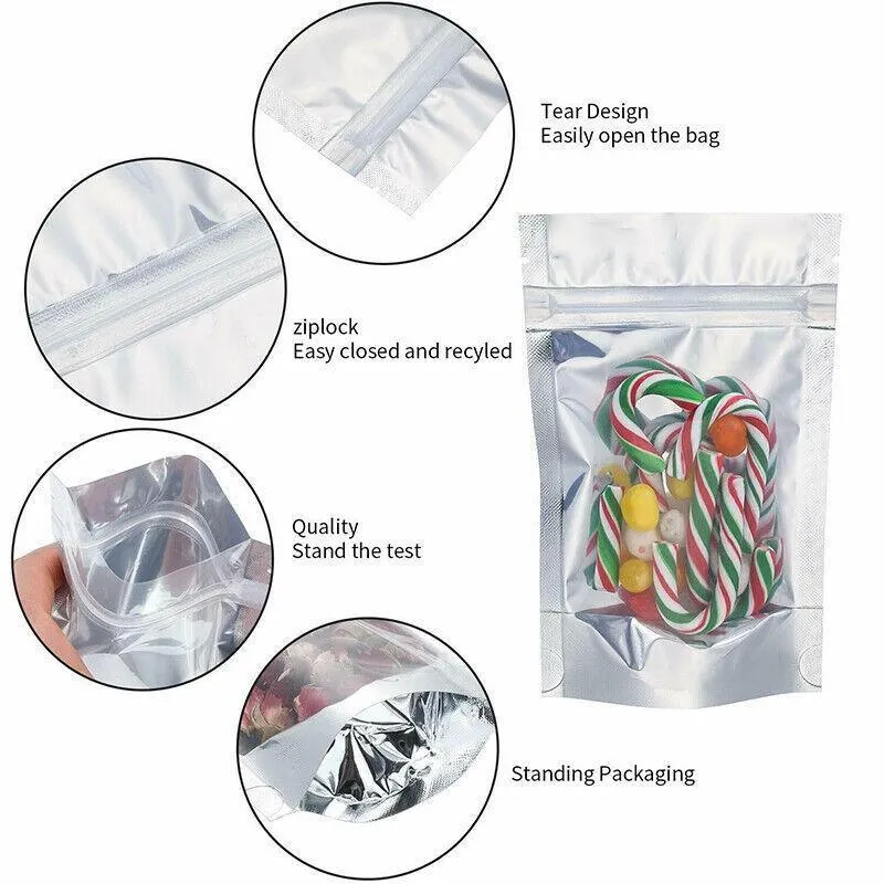 Stand Up Retail Bags 50PCS 8Sizes Aluminum Clear