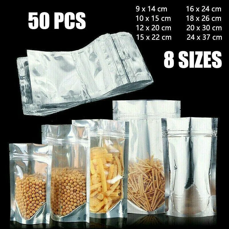 Stand Up Retail Bags 50PCS 8Sizes Aluminum Clear