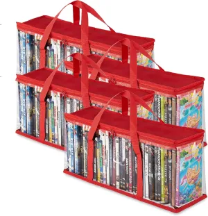 Stock Your Home DVD Storage Bags (Set of 4) Media Organizer Bag for DVDs, CDs, Blu Ray Disc, Movie Cases, VHS Box, Video Game Disks, Clear Plastic Holders with Carrying Handles and Zipper - Red