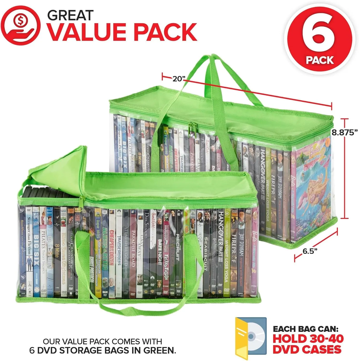 Stock Your Home DVD Storage Bags (Set of 6) Media Organizer Bag for DVDs, CDs, Blu Ray Disc, Movie Cases, VHS Box, Video Game Disks, Clear Plastic Holders with Carrying Handles and Zipper - Green