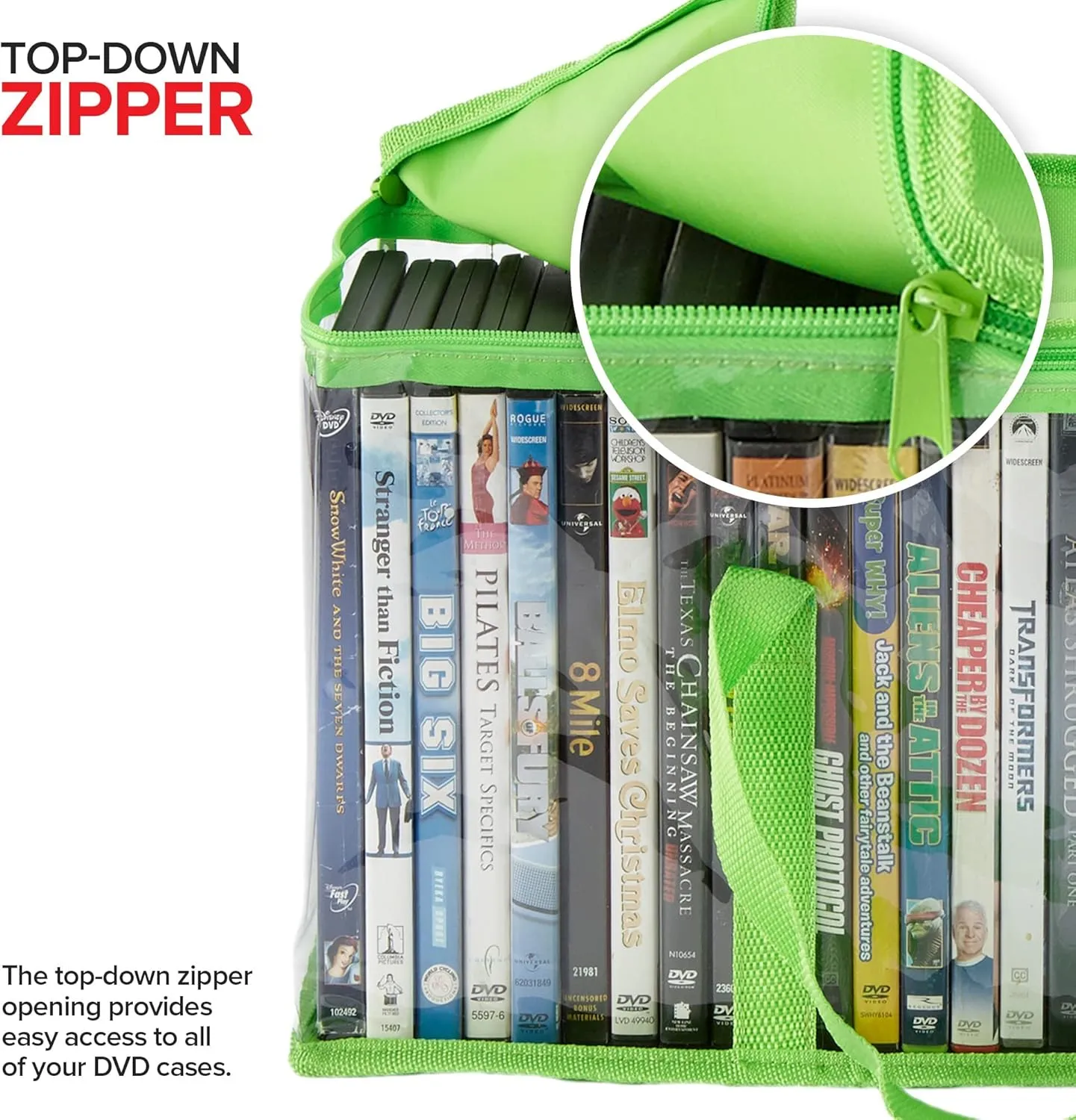Stock Your Home DVD Storage Bags (Set of 6) Media Organizer Bag for DVDs, CDs, Blu Ray Disc, Movie Cases, VHS Box, Video Game Disks, Clear Plastic Holders with Carrying Handles and Zipper - Green