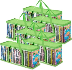 Stock Your Home DVD Storage Bags (Set of 6) Media Organizer Bag for DVDs, CDs, Blu Ray Disc, Movie Cases, VHS Box, Video Game Disks, Clear Plastic Holders with Carrying Handles and Zipper - Green