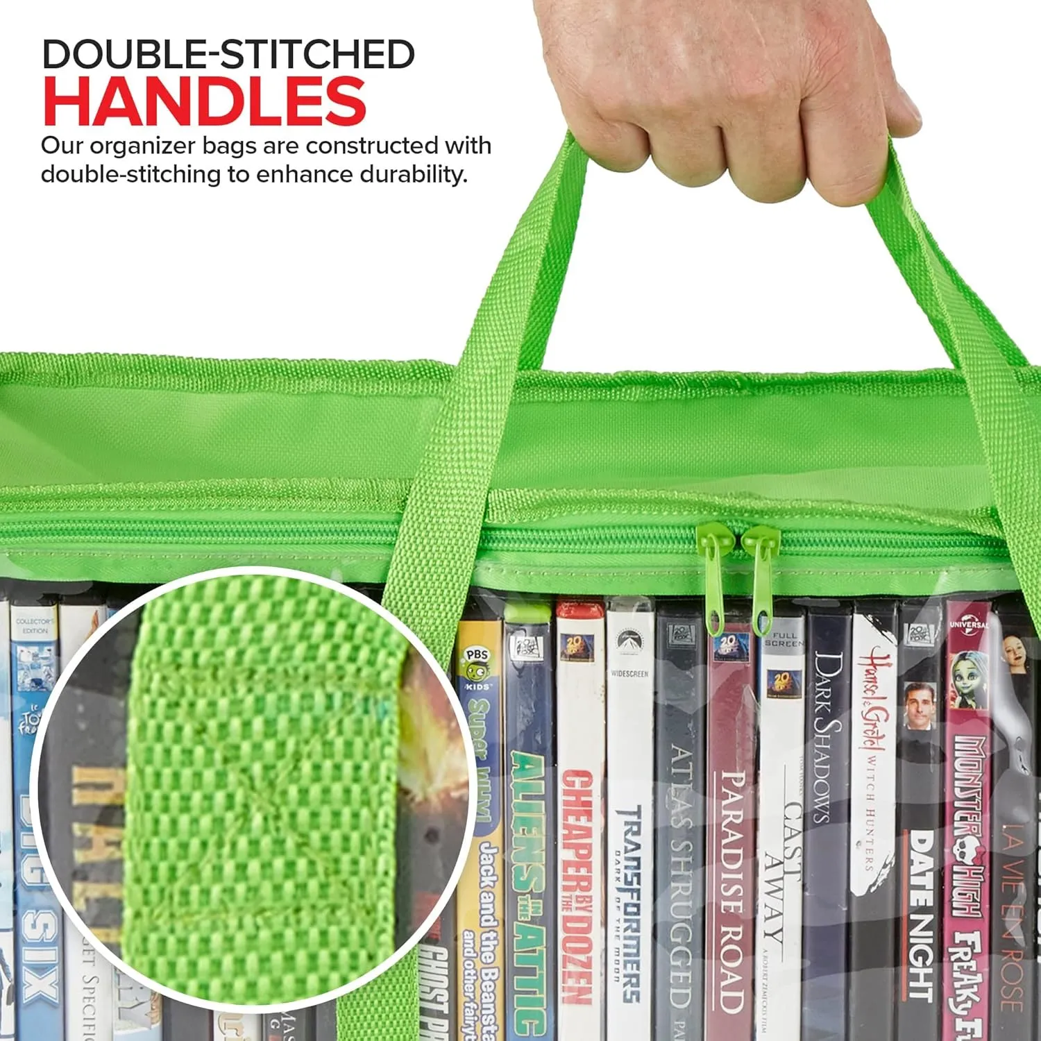 Stock Your Home DVD Storage Bags (Set of 6) Media Organizer Bag for DVDs, CDs, Blu Ray Disc, Movie Cases, VHS Box, Video Game Disks, Clear Plastic Holders with Carrying Handles and Zipper - Green