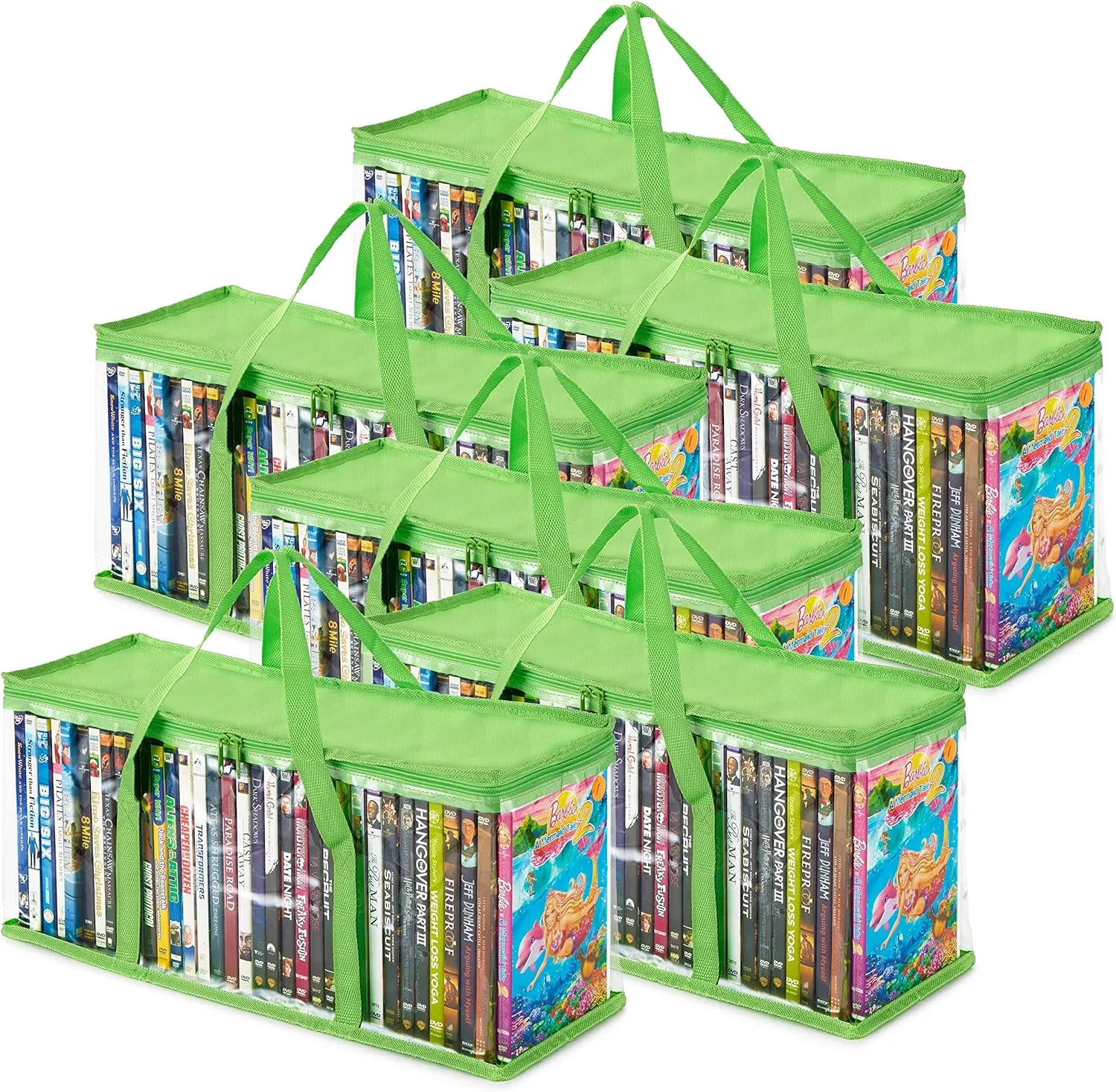 Stock Your Home DVD Storage Bags (Set of 6) Media Organizer Bag for DVDs, CDs, Blu Ray Disc, Movie Cases, VHS Box, Video Game Disks, Clear Plastic Holders with Carrying Handles and Zipper - Green