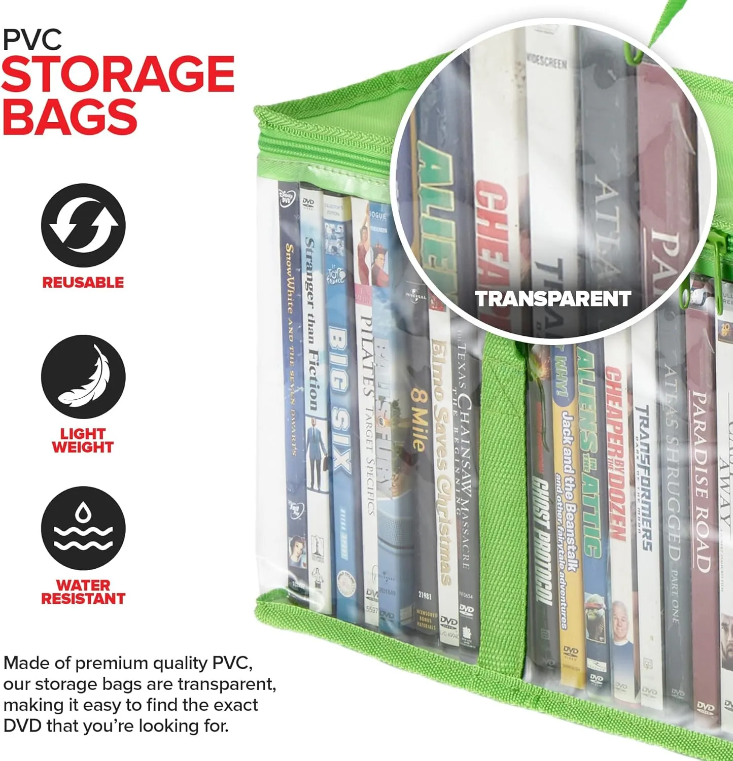 Stock Your Home DVD Storage Bags (Set of 6) Media Organizer Bag for DVDs, CDs, Blu Ray Disc, Movie Cases, VHS Box, Video Game Disks, Clear Plastic Holders with Carrying Handles and Zipper - Green