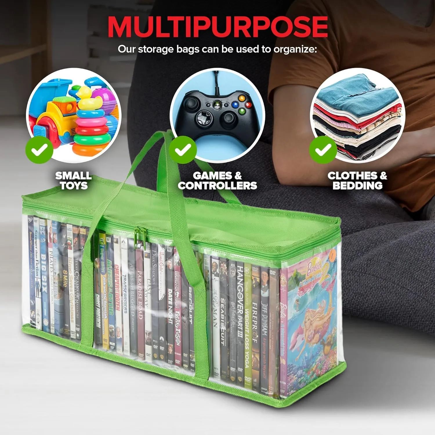 Stock Your Home DVD Storage Bags (Set of 6) Media Organizer Bag for DVDs, CDs, Blu Ray Disc, Movie Cases, VHS Box, Video Game Disks, Clear Plastic Holders with Carrying Handles and Zipper - Green