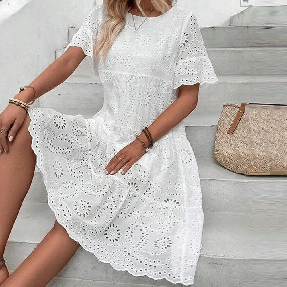 Summer Women Dress Hollow Out Pleated  A-line O Neck Short Horn Sleeves Midi Dress Patchwork Solid Color Big Swing Lady Dress