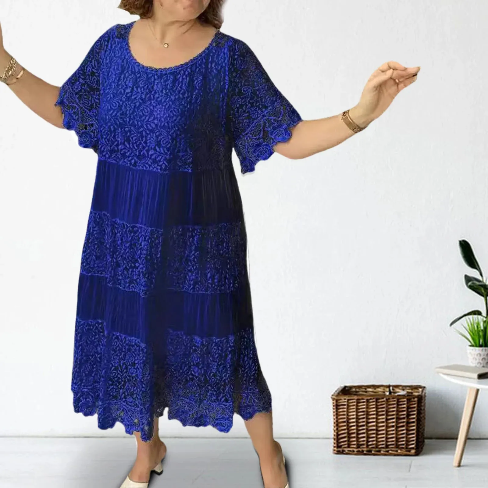 Summer Women Dress Hollow Out Pleated  A-line O Neck Short Horn Sleeves Midi Dress Patchwork Solid Color Big Swing Lady Dress