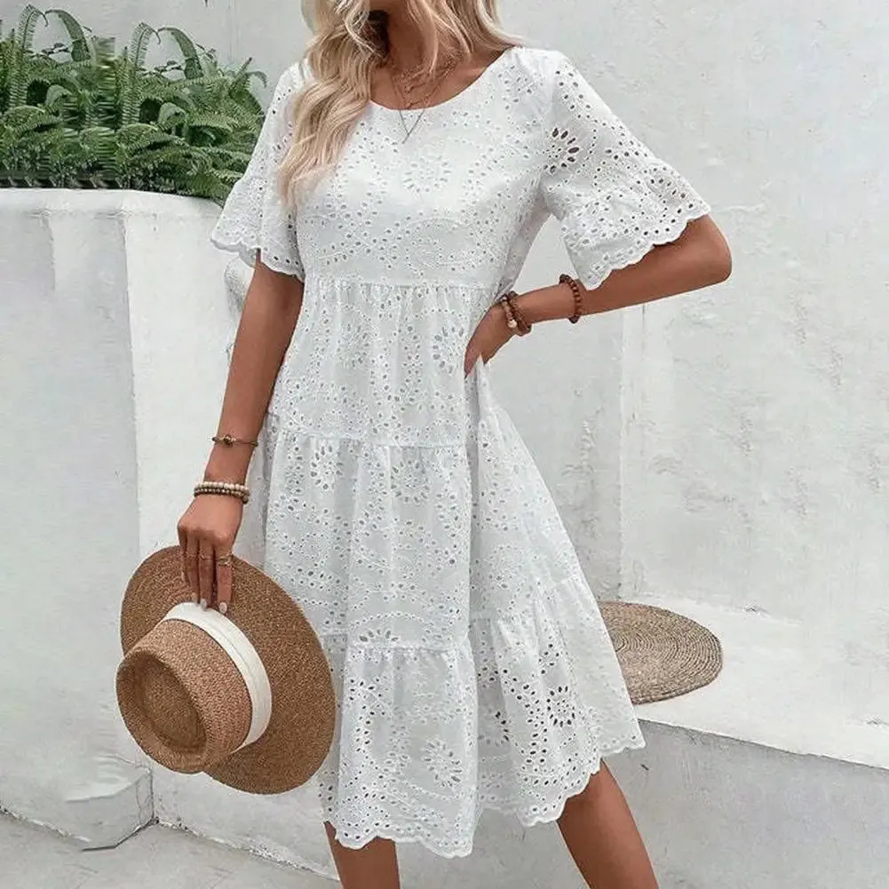 Summer Women Dress Hollow Out Pleated  A-line O Neck Short Horn Sleeves Midi Dress Patchwork Solid Color Big Swing Lady Dress