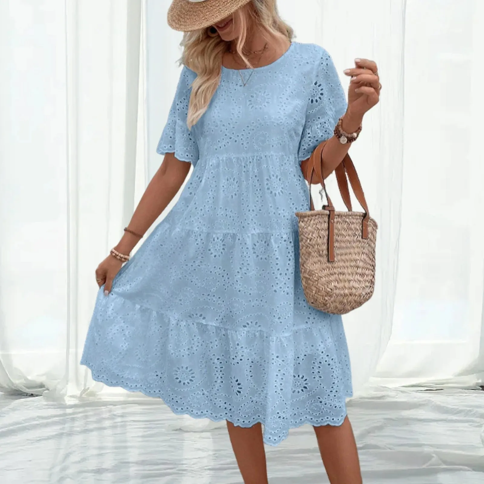 Summer Women Dress Hollow Out Pleated  A-line O Neck Short Horn Sleeves Midi Dress Patchwork Solid Color Big Swing Lady Dress