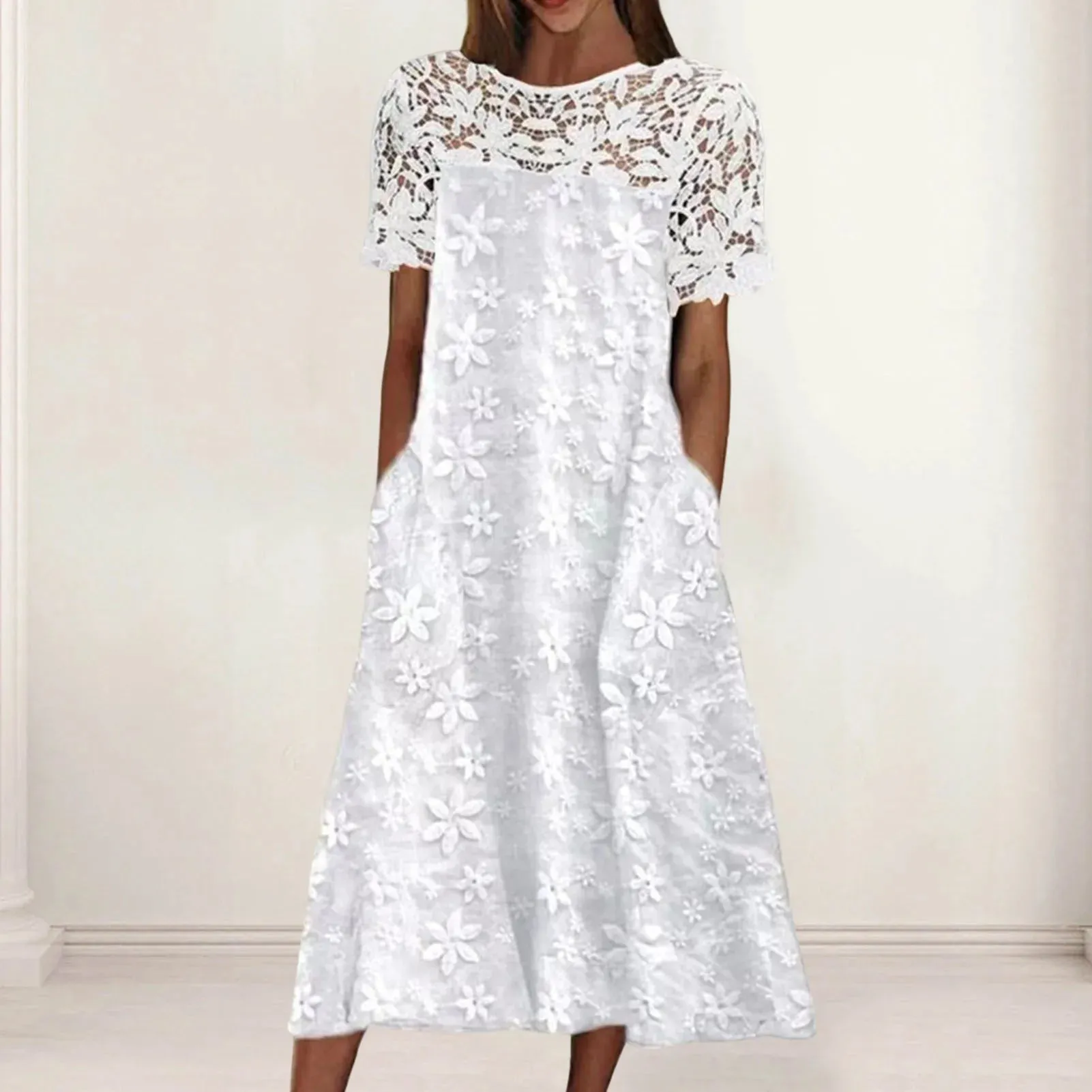 Summer Women Dress Hollow Out Pleated  A-line O Neck Short Horn Sleeves Midi Dress Patchwork Solid Color Big Swing Lady Dress