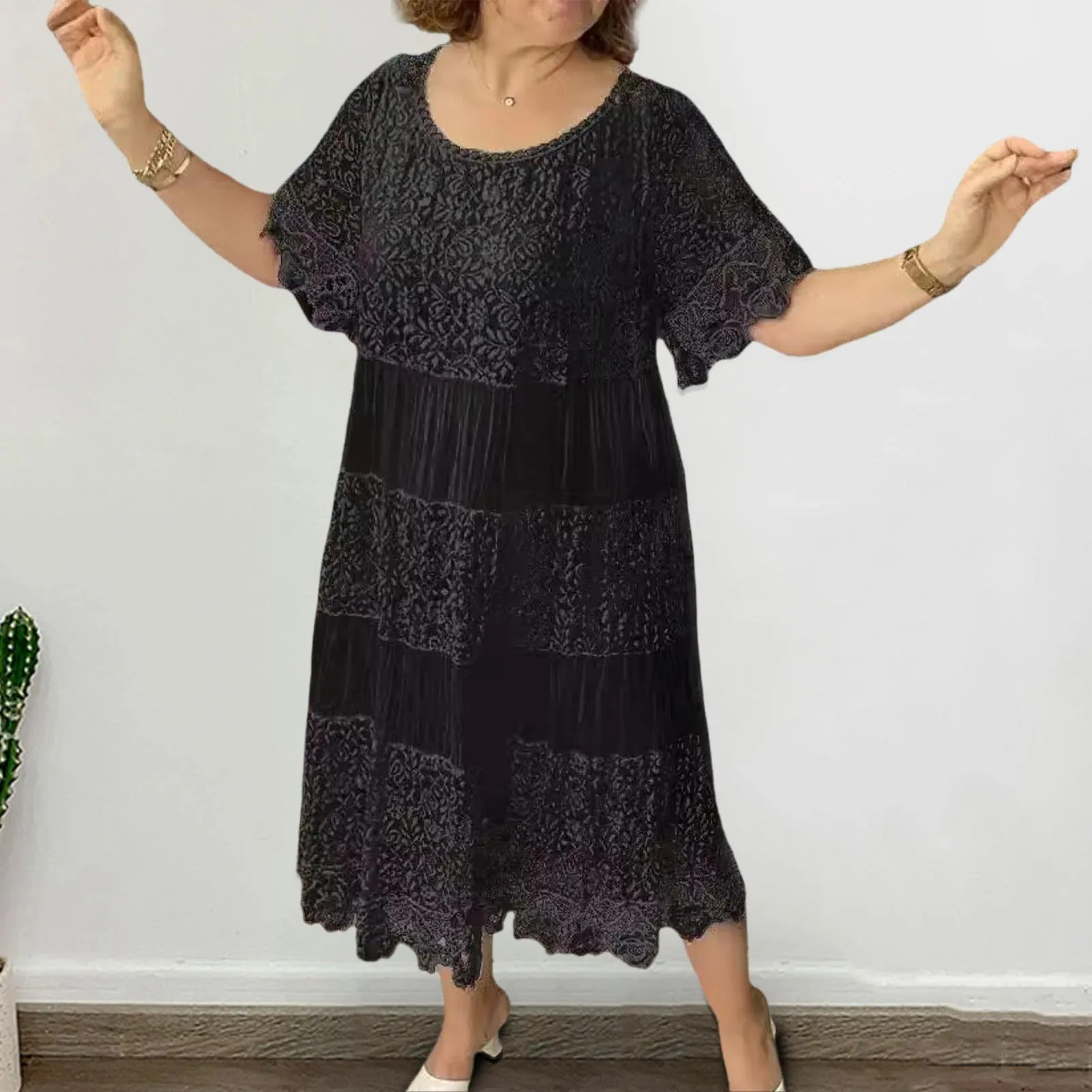 Summer Women Dress Hollow Out Pleated  A-line O Neck Short Horn Sleeves Midi Dress Patchwork Solid Color Big Swing Lady Dress