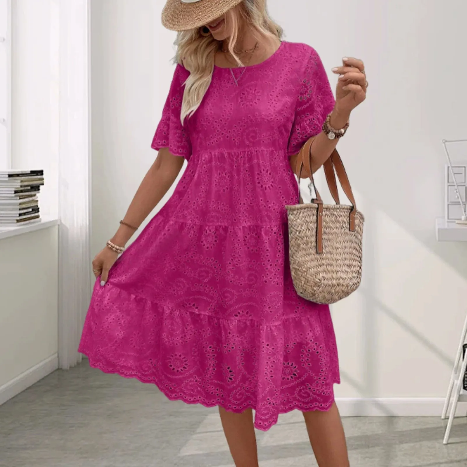 Summer Women Dress Hollow Out Pleated  A-line O Neck Short Horn Sleeves Midi Dress Patchwork Solid Color Big Swing Lady Dress